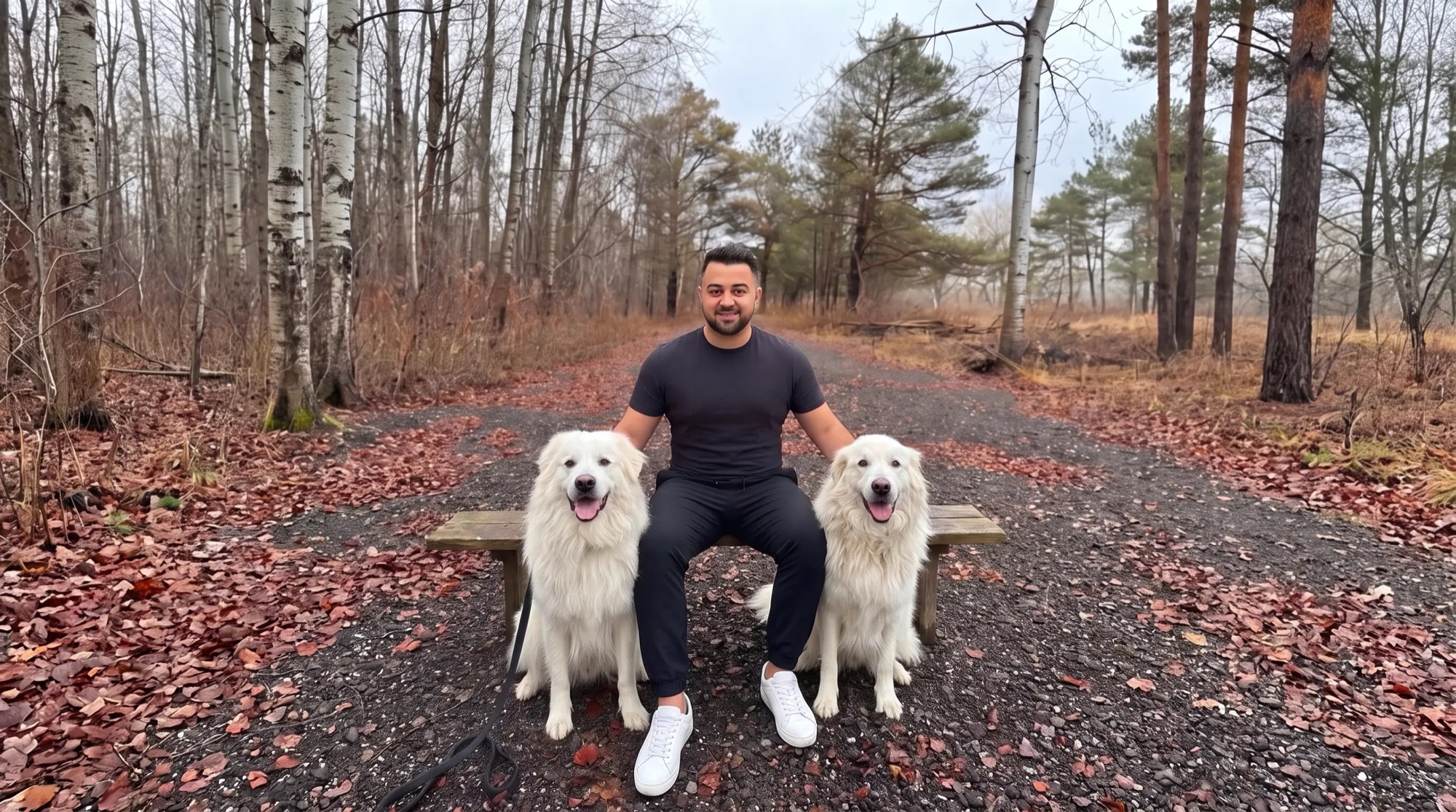 Ali of Kasa Suites with the family&rsquo;s two Great Pyrenees dogs on a forest trail